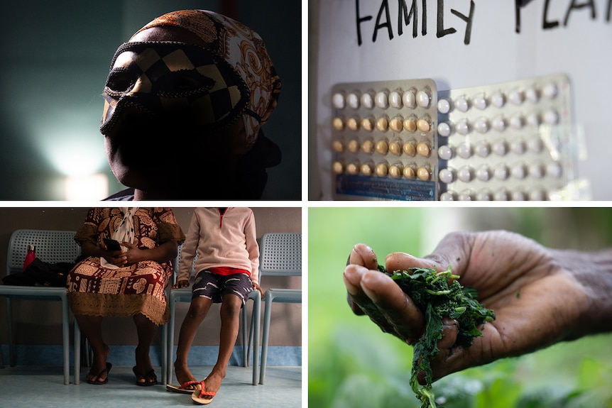 A montage image of four photos of medicine and people in masks.
