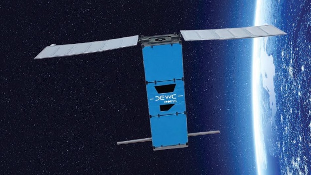 A mock-up satellite floating through space