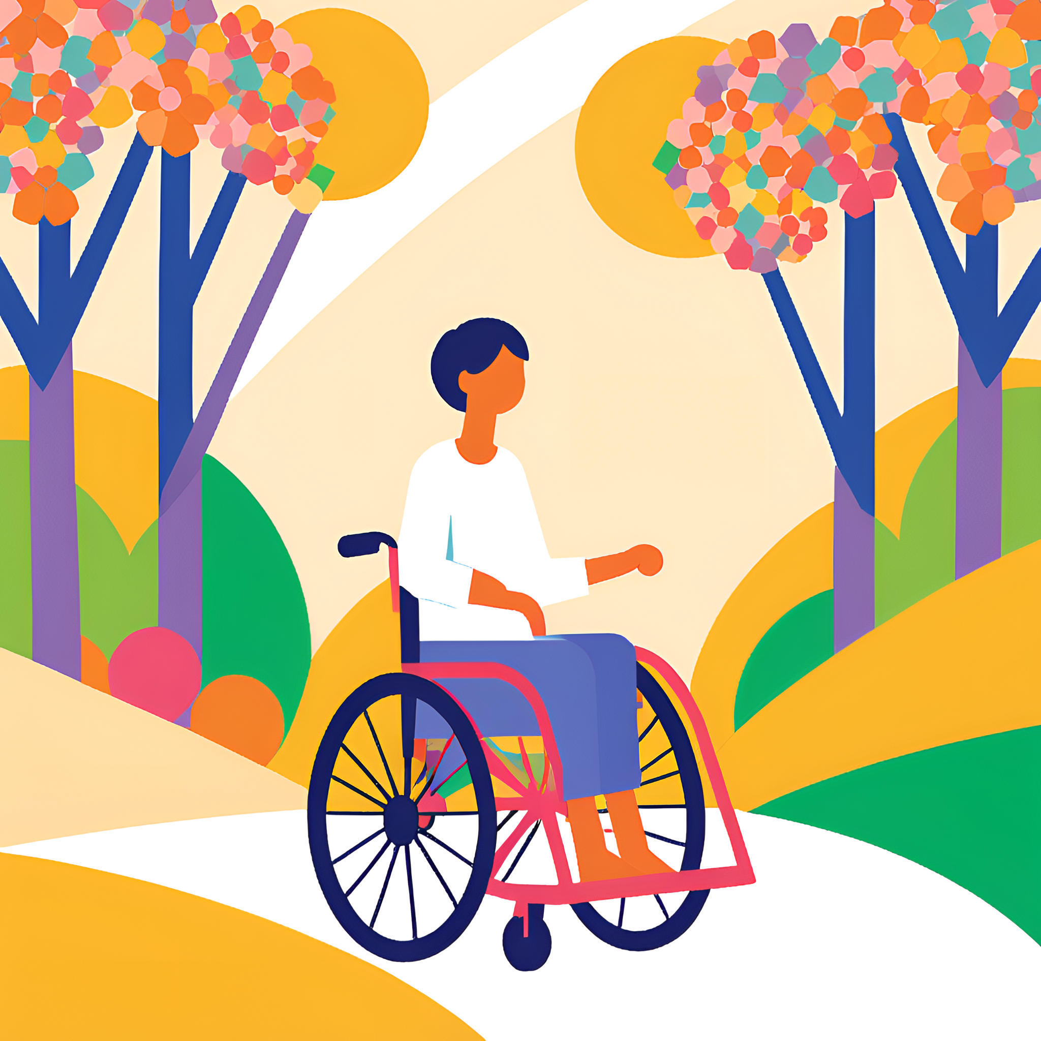 An illustrated person using a wheelchair in a colourful landscape.