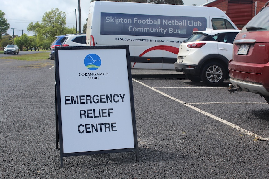 sign reading emergency relief centre outside building