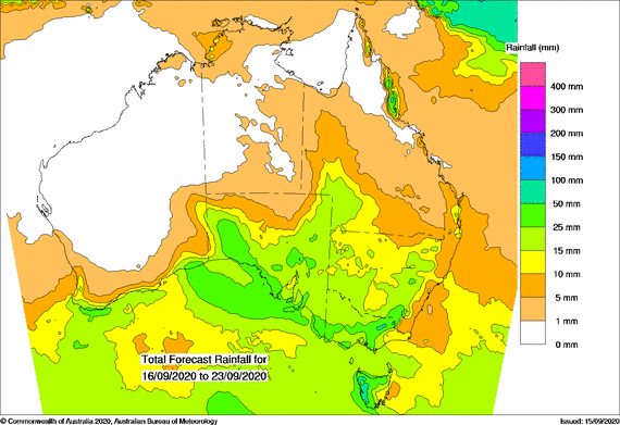 Map of Australia: rainfall of between 15 and 50mm from the SA bite though the corner country down through inland NSW, Vic + Tas