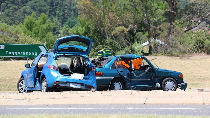 Fatal car crash in Farrer between a Mazda and Ford.