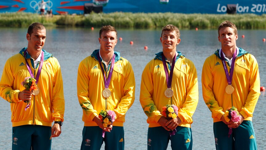 Australia's K4 1000 crew receive their gold medals after winning the gold medal race at Eton Dorney on Day 13.