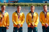 Australia's K4 1000 crew receive their gold medals after winning the gold medal race at Eton Dorney on Day 13.