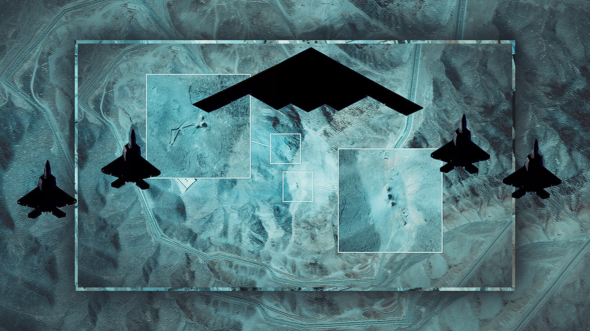 Satellite images of Iran, the silhouettes of US B-2 stealth bomber and accompanying fighter jets passing above.