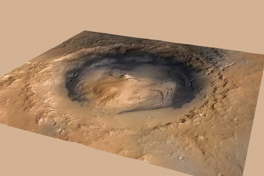 Perspective view of Gale Crater on Mars showing landing site of NASA's Mars Curiosity rover.