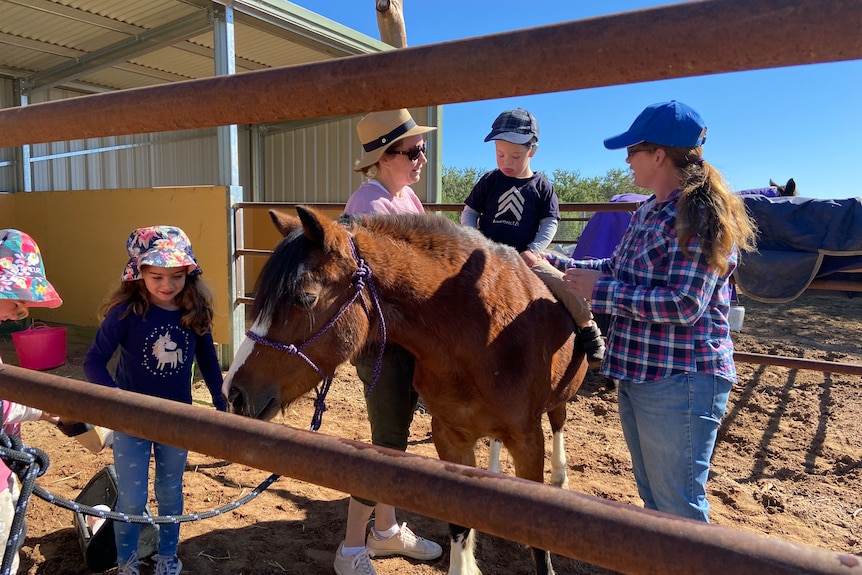 A young boy sits atop a pony with two women and two girls in a riding paddock.