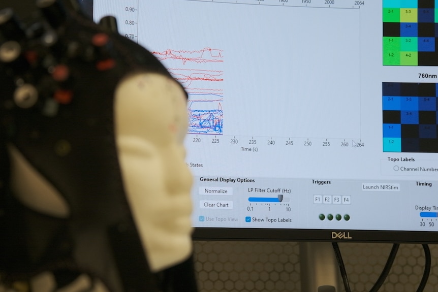A mannequin head wearing a black helmet fitted with sensors sits in front of a computer screen with graphs and data on it. 