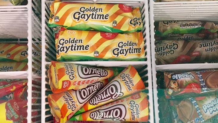 A freezer containing Golden Gaytimes, Paddle Pops and Cornettos.