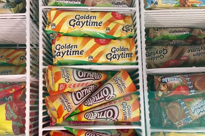 A freezer containing Golden Gaytimes, Paddle Pops and Cornettos.