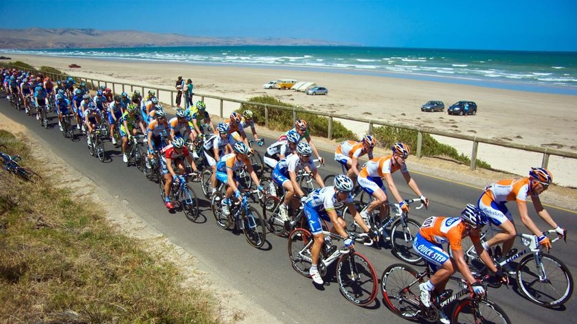 Race Leader Allan Davis leads the Tour Down Under peloton along the Esplanade at Aldinga Beach