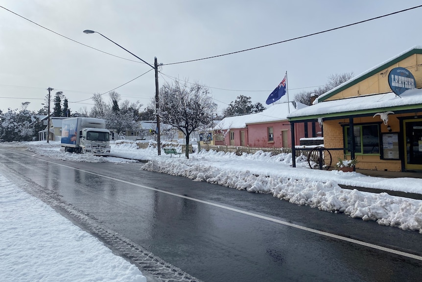 A streetscape with snow.