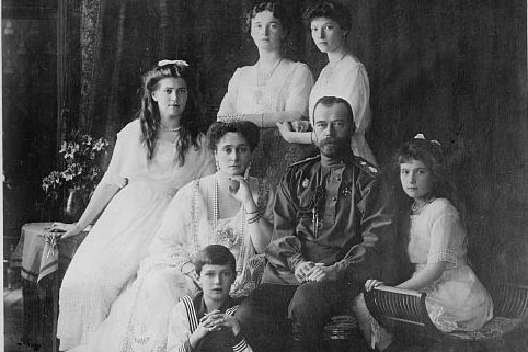 From left to right, Maria, Queen Alexandra, Czar Nicholas II, Anastasia, Alexei (front), and standing Olga and Tatiana