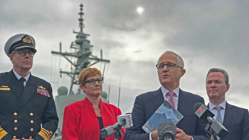 Ray Griggs, Marise Payne, Malcolm Turnbull, Christopher Pyne at a news conference.