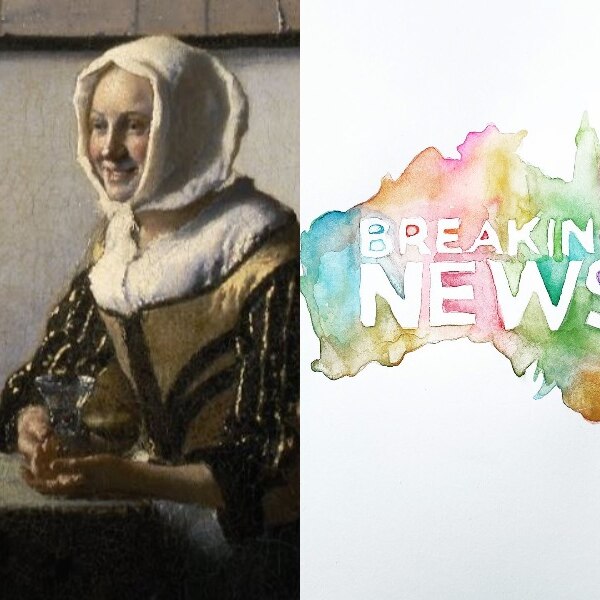 a woman in 17th century clothes smiles, she holds a wine glass. A painted map of Australia with text 'breaking news'