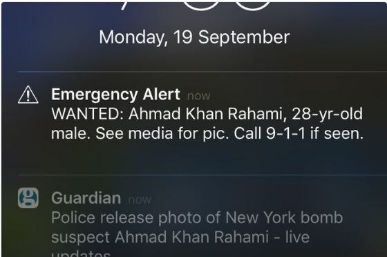 A mobile phone lock screen showing an emergency alert issued by New York City