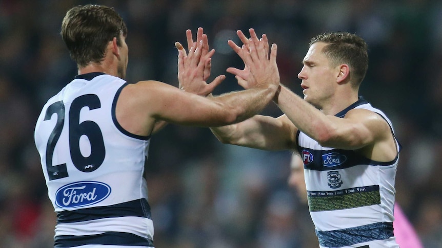 Joel Selwood is congratulated by Tom Hawkins for his goal for Geelong against Brisbane.