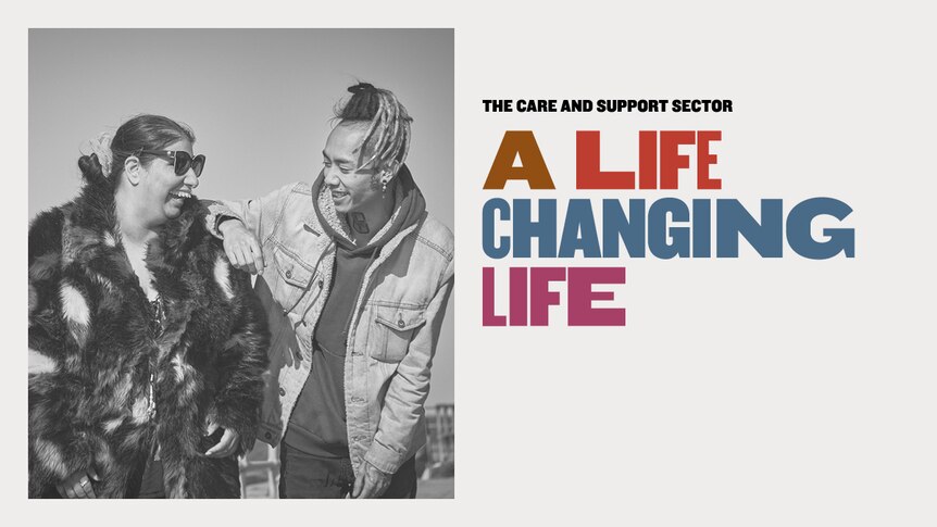 A black and whire image of a young man laughing with an older woman, next to colourful text saying 'a life changing life'.