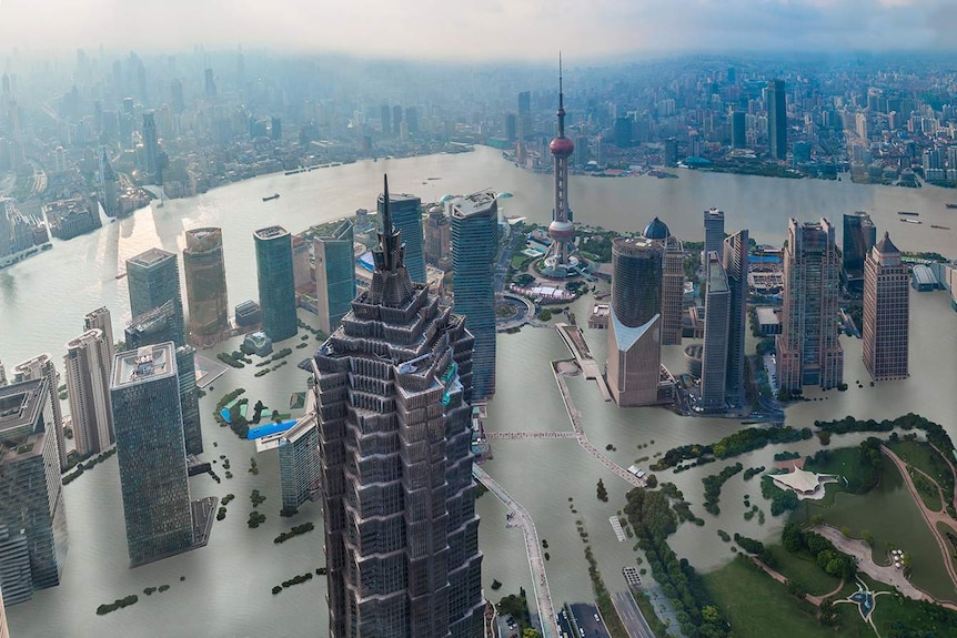 A representation of what four degrees of global warming looks like shows large parts of Shanghai submerged.