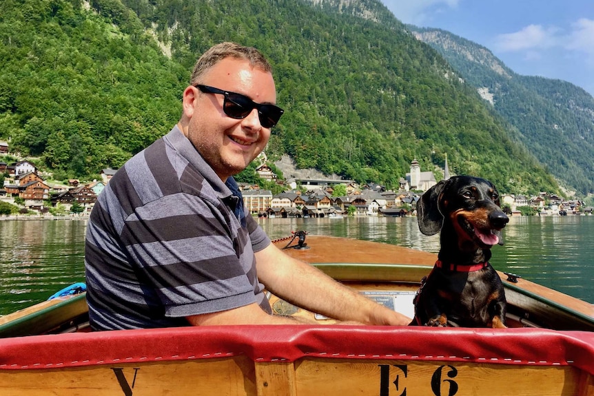 Schnitzel on a boat with Joel in Hallstatt, Austria