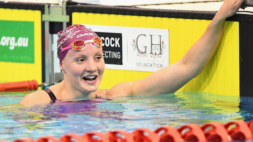 Jessica Ashwood reacts after winning the women's 800m freestyle at the Australian Swimming titles.