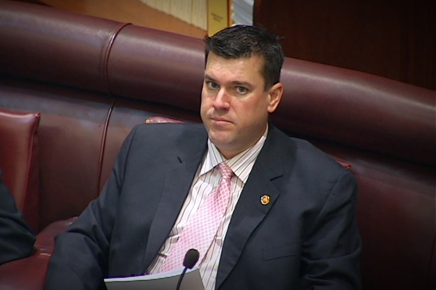 A man in a dark suit and pink tie sits in a parliament chamber