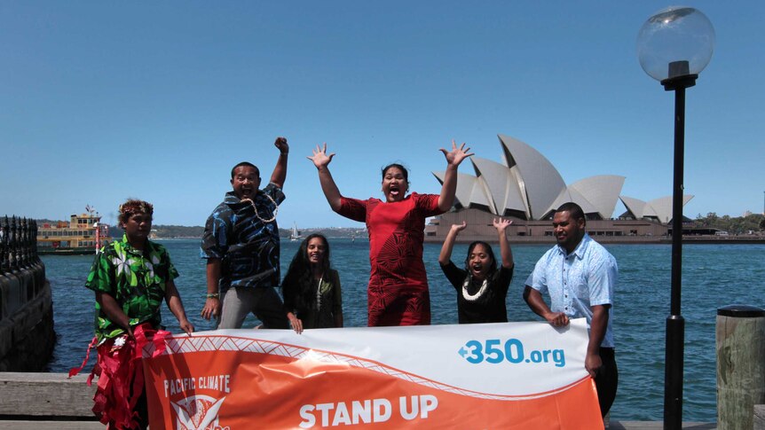 Members of the Pacific Climate Warriors protest in Sydney earlier this month and head to Newcastle today.