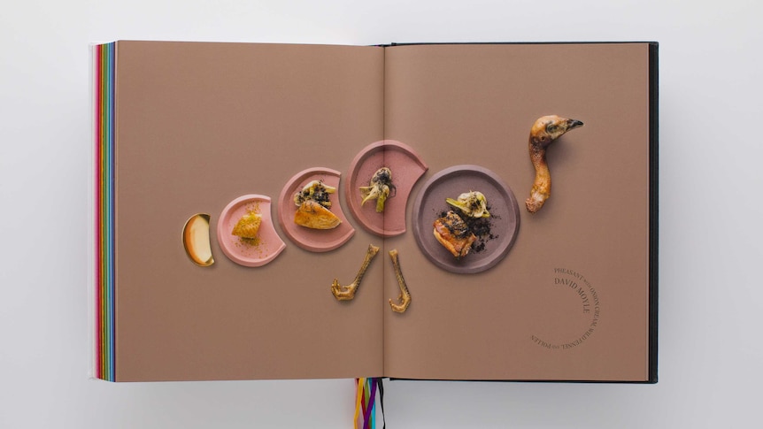 A book spread picturing a pheasant cooked and spread in parts across colourful plates.
