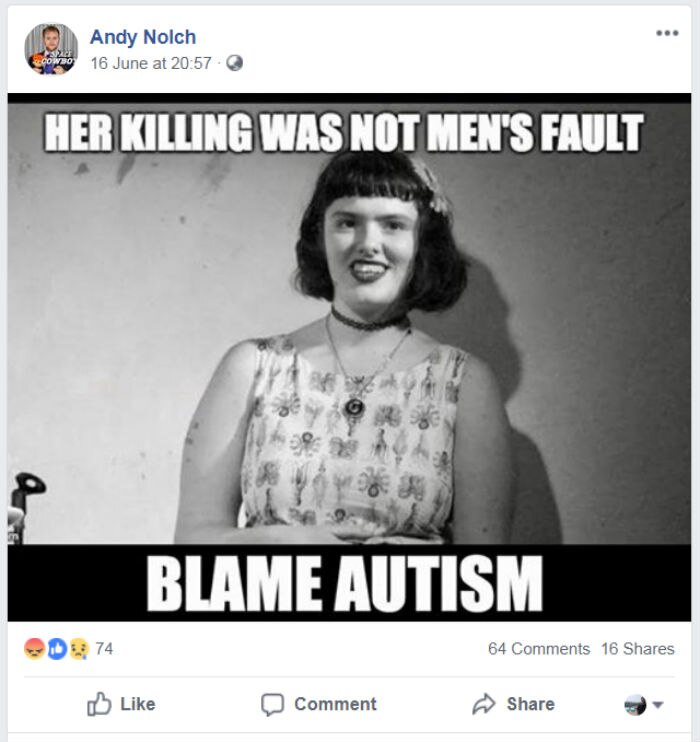 A Facebook post showing an image of Eurydice Dixon and the words: "Her killing was not men's fault - blame autism".