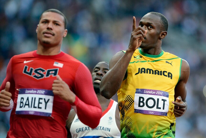 Usain Bolt reacts after winning his men's 100m semi-final at the London 2012 Olympic Games.