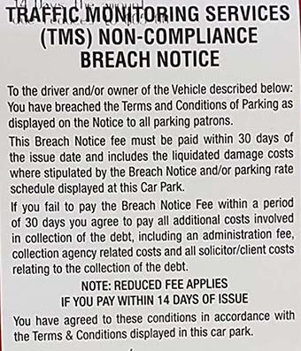 A ticket notice left on a car at Inala Plaza Shopping Centre in Brisbane's south-west by Traffic Monitoring Services.