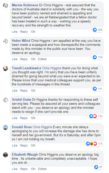 Facebook users reply to a comment by Health Minister Jenny Mikakos accusing her of throwing Dr Higgins "under the bus"