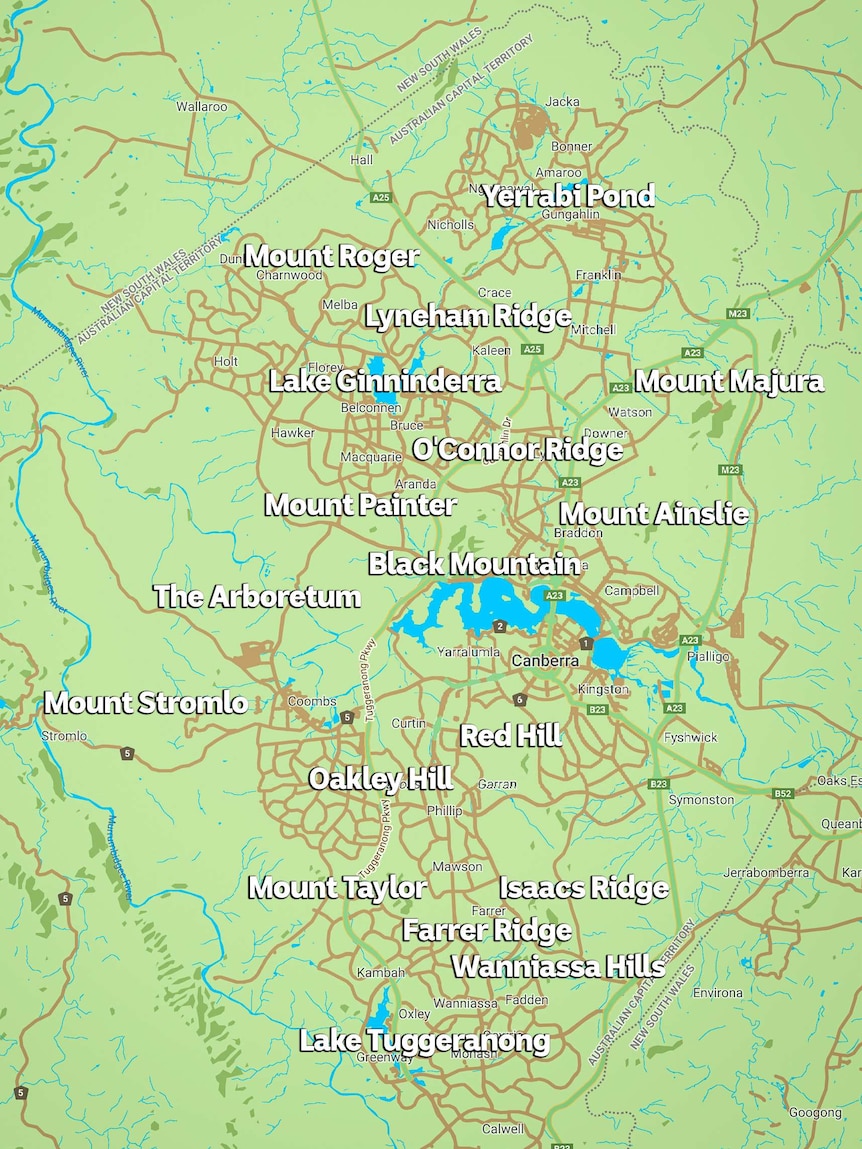 A map shows all the walks around the ACT, including Yerrabi Pond and Mount Majura.