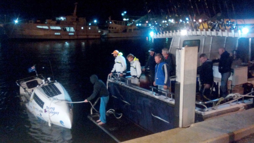 The damaged rowers' boat at Geraldton's fishing wharf