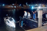 The damaged rowers' boat at Geraldton's fishing wharf