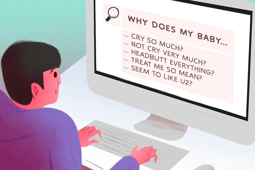 Illustration of person searching 'Why does my baby…' on computers to illustrate nonsense articles parents can find on internet