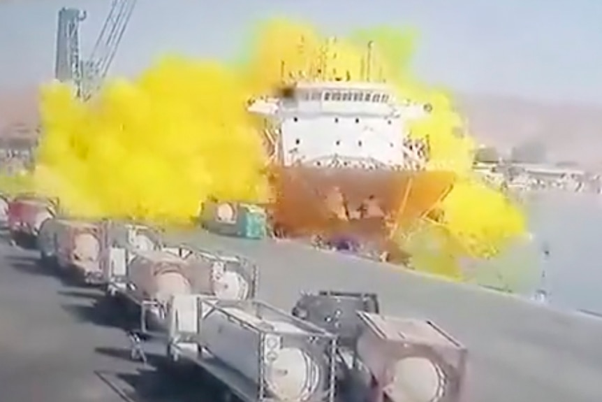 A yellow haze grows over a ship after a gas leak