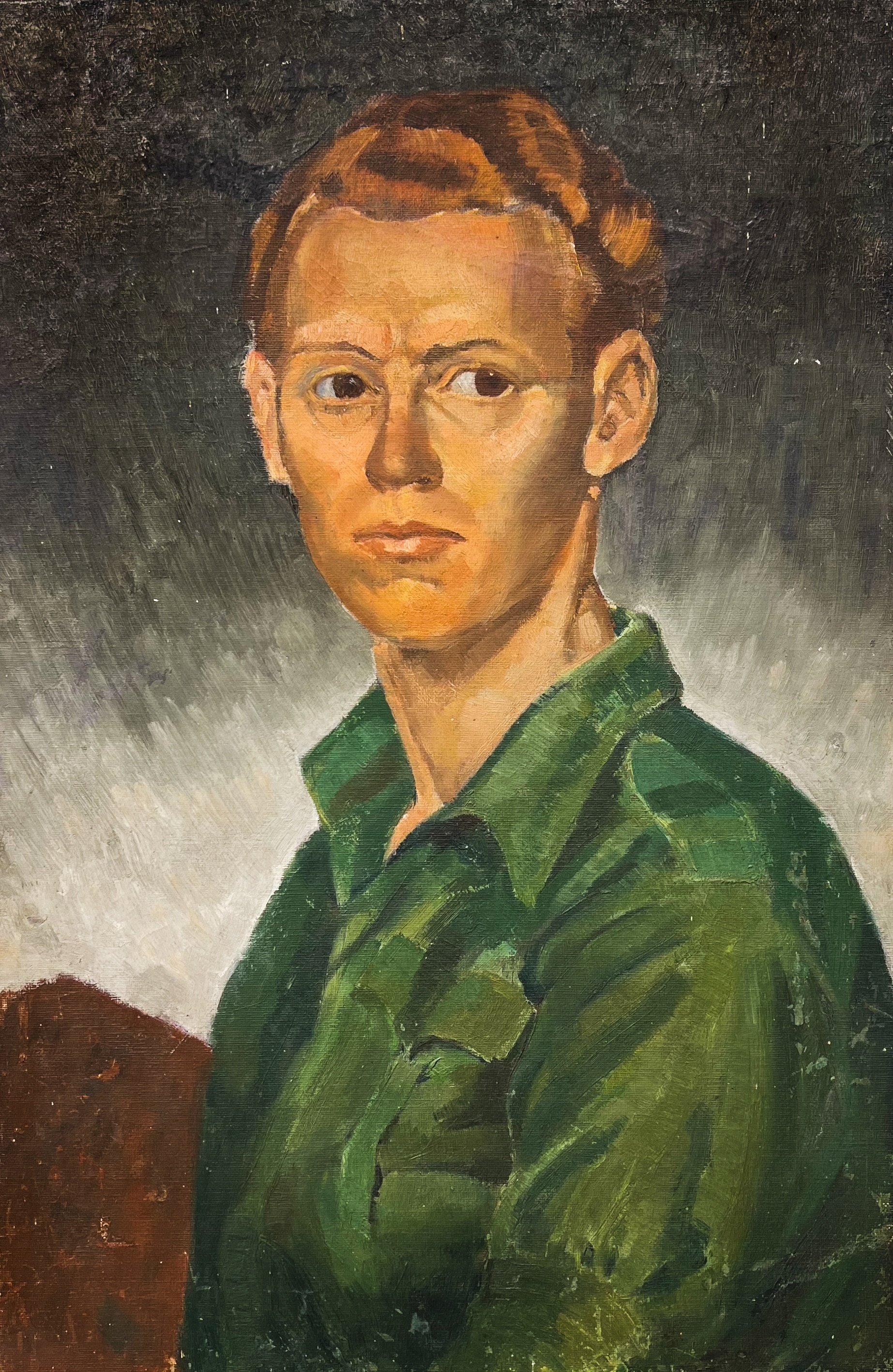 A painting of a young man in army greens, dark background