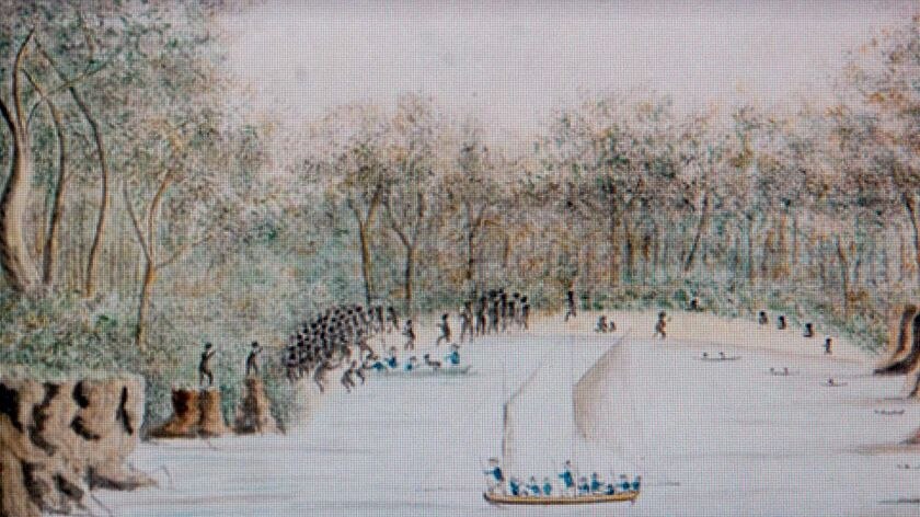 First Fleet journal entry of a drawing showing a boat in a cove and Aboriginals on the shore