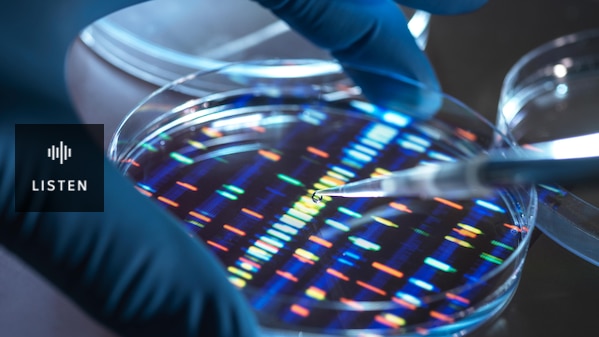 Gloved hand does DNA test in petri dish. Has Audio.