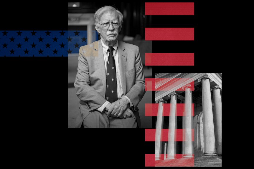 A collage of a photo of a man in a suit and tie sitting, pillars of a Washington DC building and elements of the US flag.