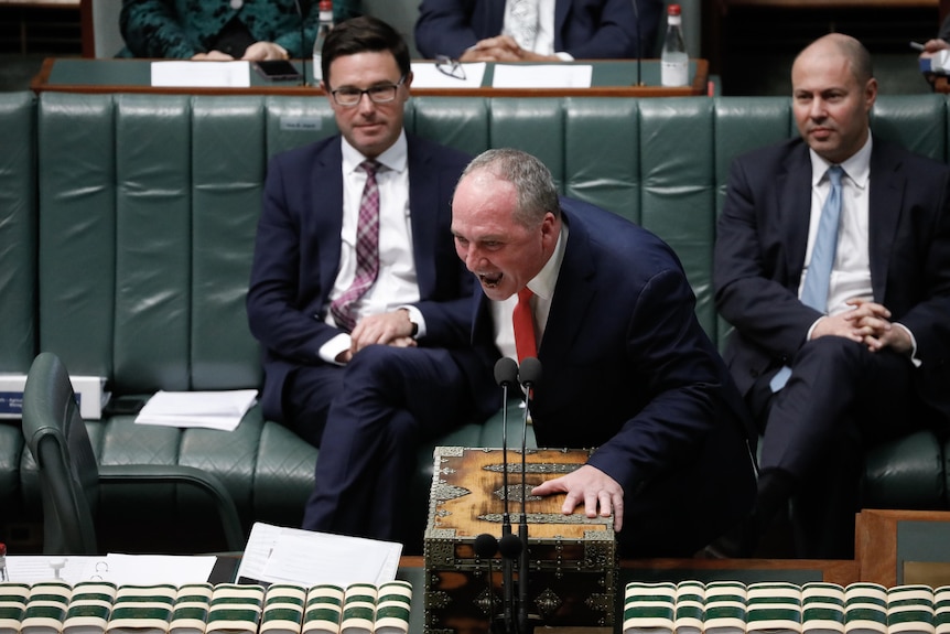 Joyce is leaning over the despatch box, going red yelling towards opposition.
