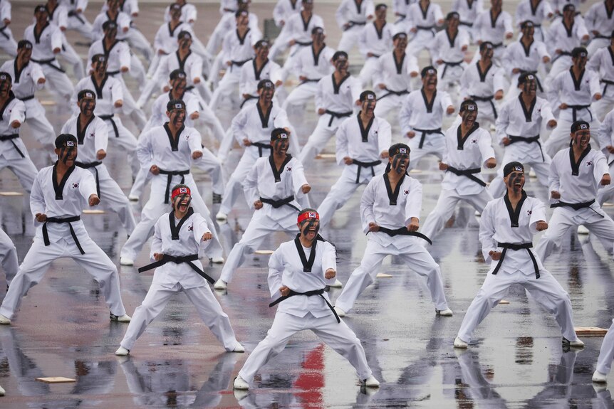 South Korean soldiers give a demonstration of their skills in the traditional Korean martial art.