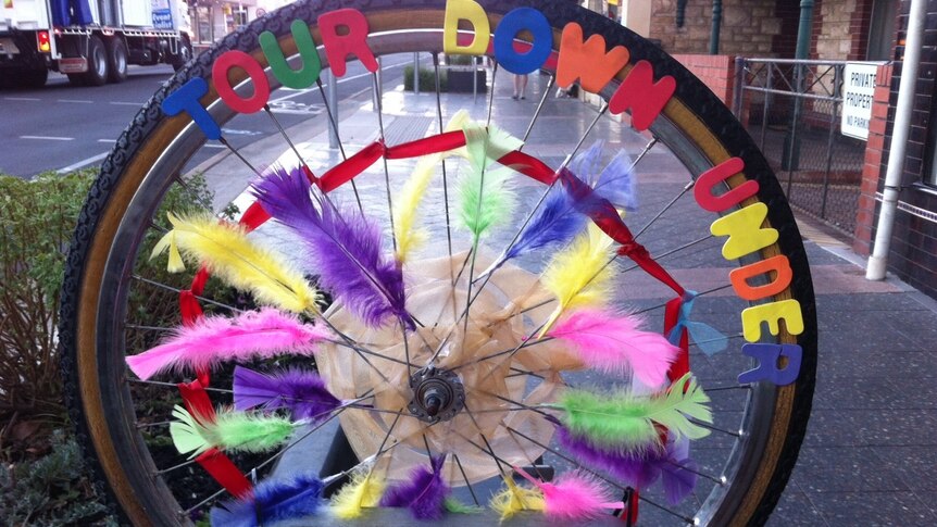 Decorated bicycle wheel at Prospect