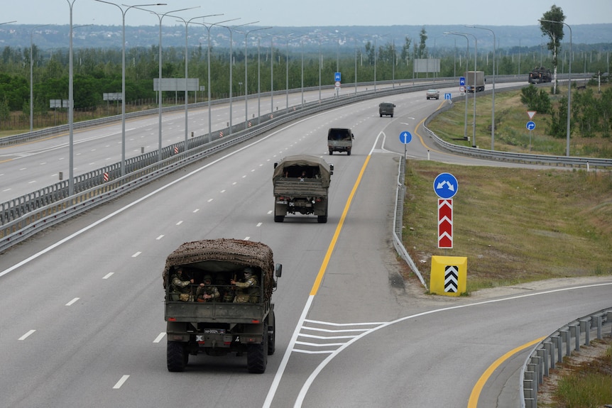 A military column of Wagner private mercenary group drives on highway towards Moscow.