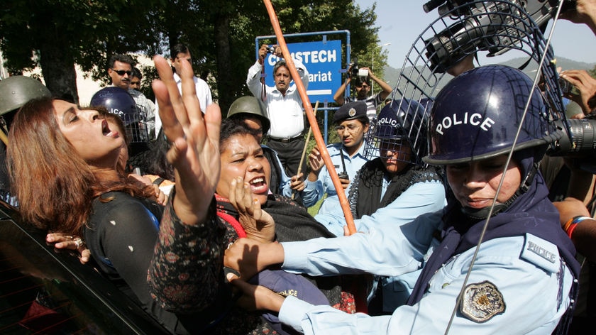 Violence erupted outside the Election Commission in Islamabad, after Prime Minister Shaukat Aziz arrived