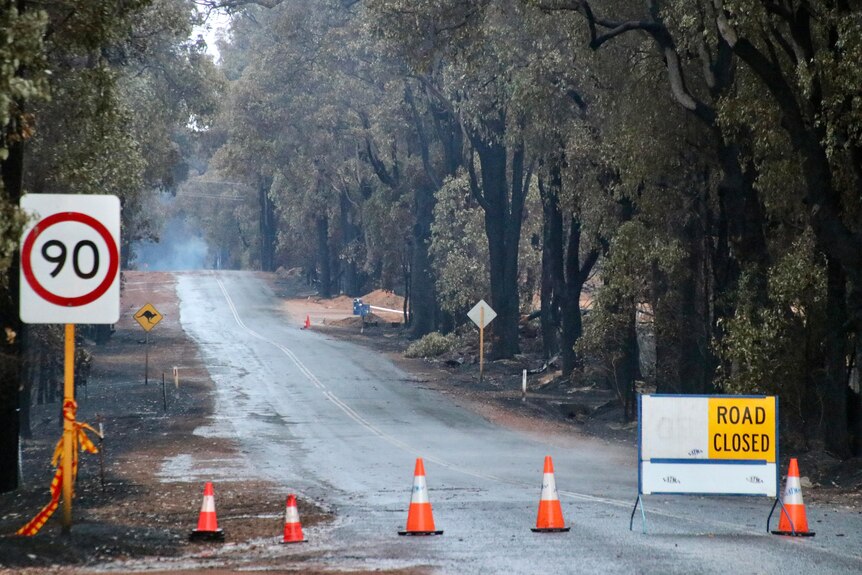"Road closed" and speed limit signs beside a rural road, with burnt bushland beyond.