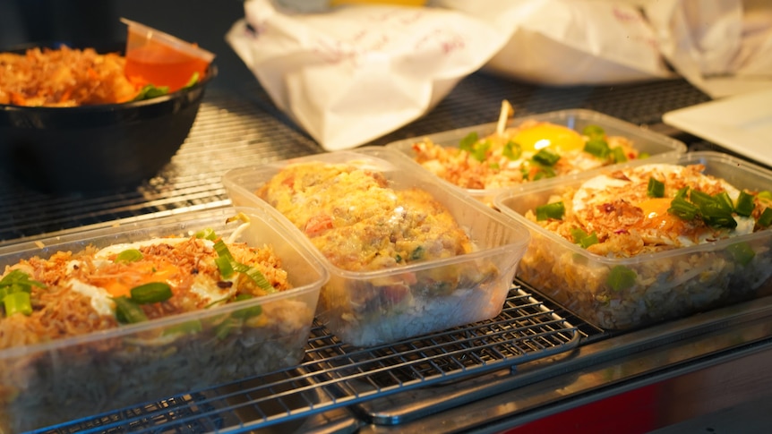 Plastic food containers containing Asian food