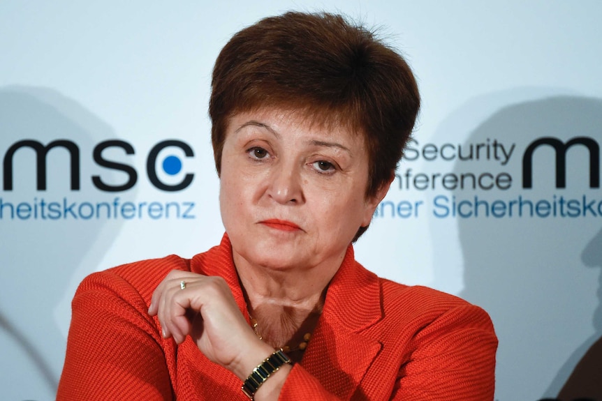 Kristalina Georgieva, Managing Director of the International Monetary Fund, looks sternly at the camera.