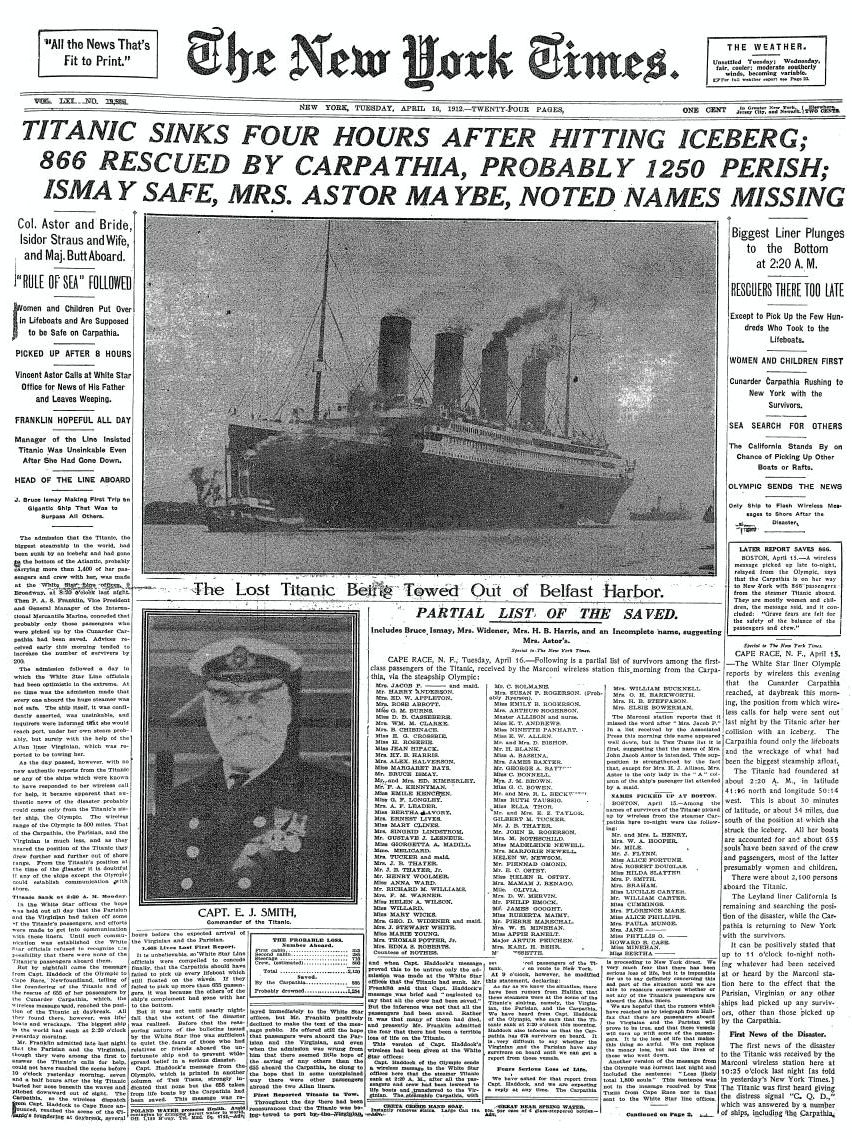 NYT article after Titanic sinking
